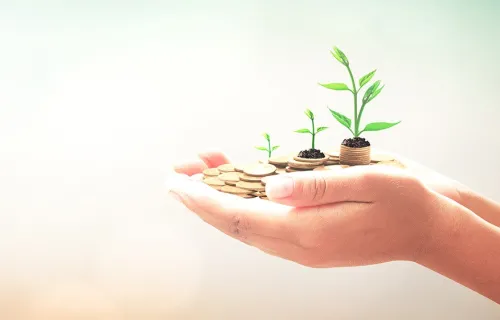 Hands holding coins with green shoots growing from them 