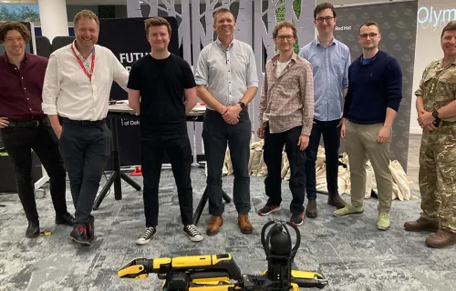 CGI post-event team photo at the Robot Dog Olympic Hackathon at MoD in Bristol