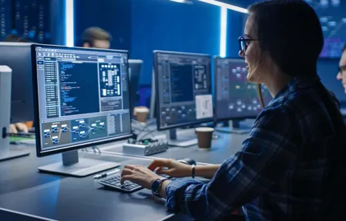 IT consultant looking at code on a screen