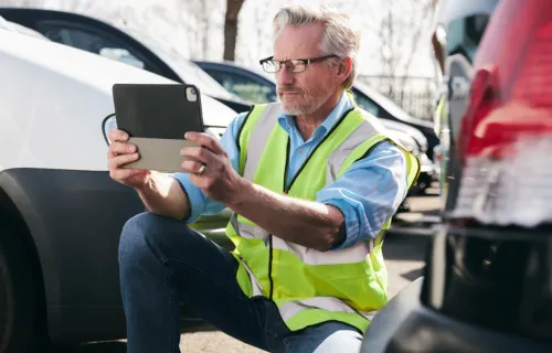 Man looks over car to check it’s functionality