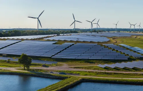 solar farm with wind turbines on the horizon