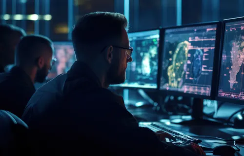 Man using data software on control room computer