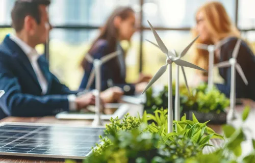 Miniature wind turbines and a solar panel on a table represent renewable energy.
