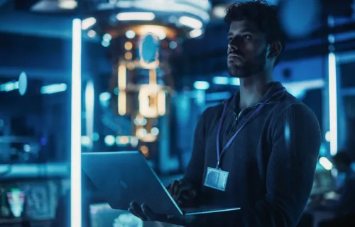 A researcher wearing an ID badge uses a laptop in a blue-lit laboratory