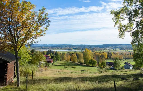 Utsikt över ett öppet landskap på den svenska landsbygden med ängar, träd och några mindre…