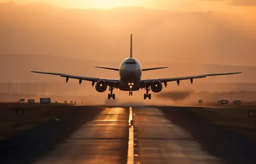 plane taking off at sunset