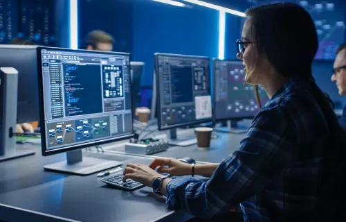 Professionals working with AI assistance in front of computer screens