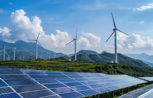 A renewable energy farm with solar panels and multiple wind turbines on a grassy hill