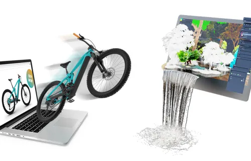 3D-bilder av en cykel som åker ur skärm och ett vattenfall som rinner ur skärm