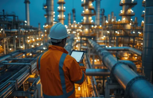 Electrical engineer looking at mobile phone in electricity voltage area 
