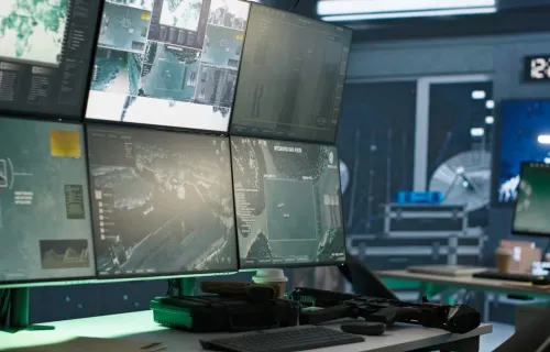 A security control room with large monitors on wall