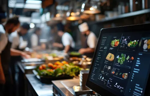 En digital skärm i ett restaurangkök visar maträtter och beställningar. I bakgrunden arbetar…