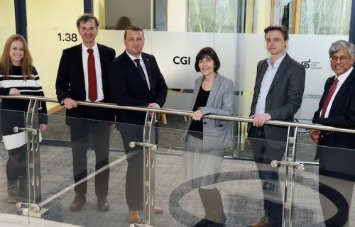 Tara McGeehan, Shaun Stretton and members of Space Park Leicester team outside CGI’s new Leicester office