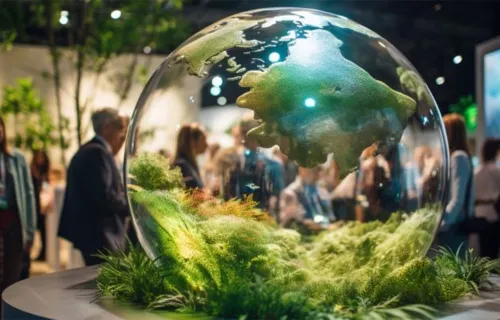 En glasglob med en modell av jorden och grön vegetation inuti står utställd på ett bord. I…