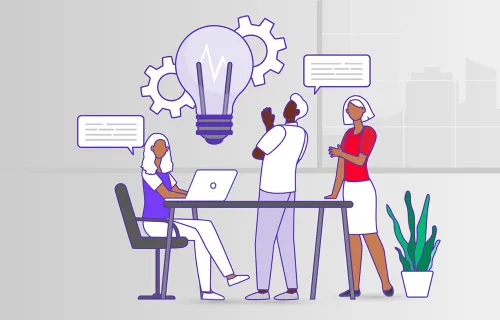 Illustration av ett team som samarbetar kring idéer. En stor glödlampa ovanför symboliserar…