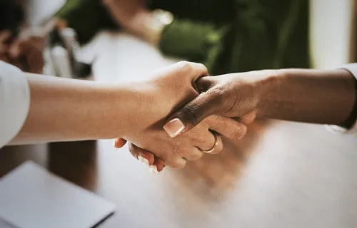 Två händer i ett handlsag