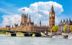 View across the River Thames toward the Houses of Parliament and Big Ben in London