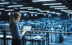 A female professional looking at a laptop while overlooking rows of servers 