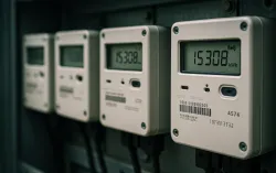 Digital electricity meters installed in a row