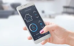 Person holding phone device with client data