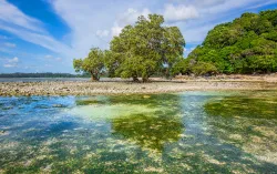 blue-green lake under blue sky