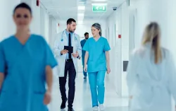 Healthcare workers walking through hospital corridor