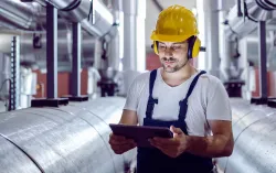 focused plant worker in a hard hat uses a tablet to check nearby machines