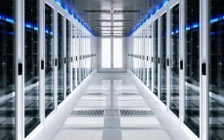 view down the middle of a data server rack center