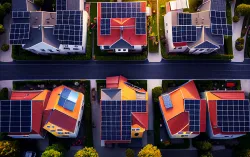 vue aérienne de toits de panneaux solaires dans une zone résidentielle