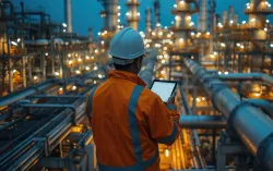 engineer in hard hat surveying a plant holding a tablet