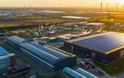 aerial view of an industrial zone at sunset with solar panels and wind turbines