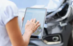 person uses tablet in front of car