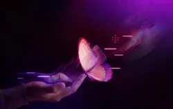 Hand reaching out to touch a purple butterfly graphic