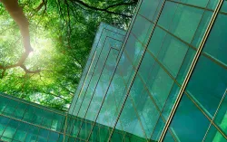 green forest reflected in a glass office building