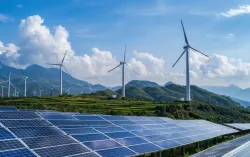 solar panels with wind turbines in the background