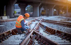 train worker inspecting tracks