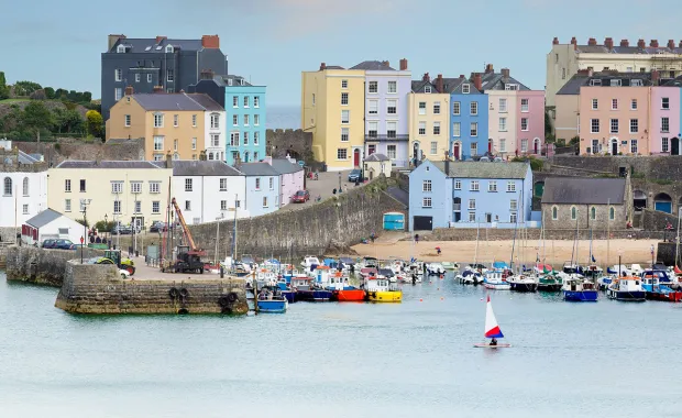 View of houses along the harbour front in Tenby, Wales