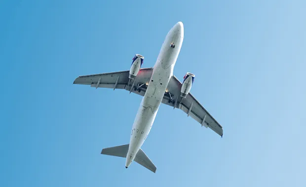 View of the underside of an airplane in flight