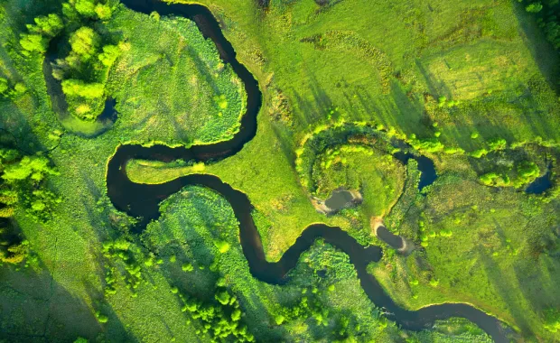 View of river and hillside from above