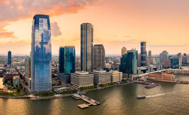 Aerial view of Jersey City skyline at sunset