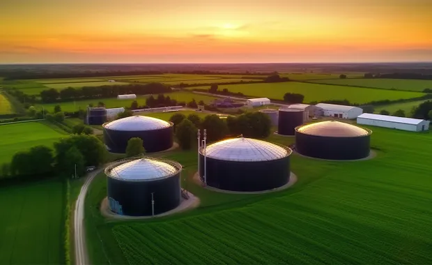 Aerial view of green biogas plant and farm in green fields