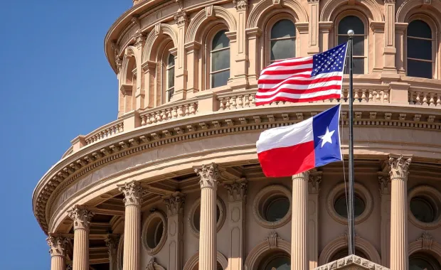 American and Texas state flags flying on the dome of the Texas State Capitol building