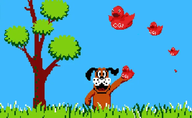 DuckHunt bakgrunn med flyvende CGIs TechDucks 