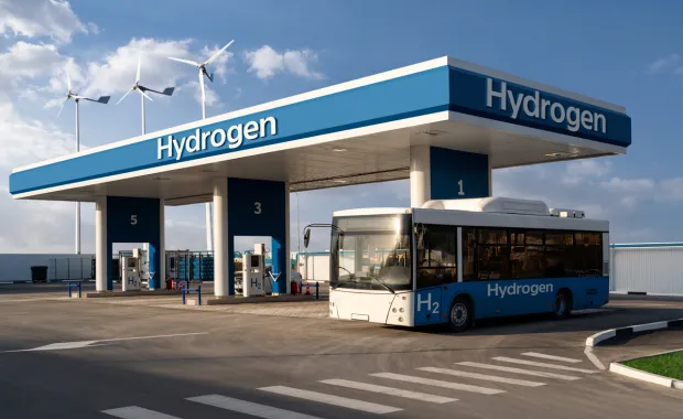 Bus steht an einer Wasserstoff Tankstelle