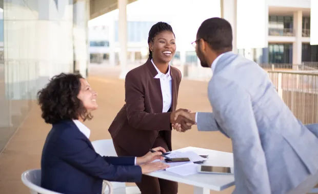 Business professionals meeting and shaking hands