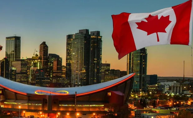 Calgary skyline with Canadian flag