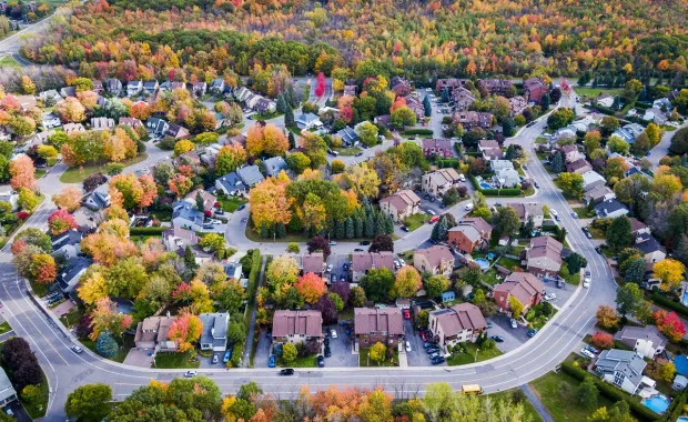 Aerial view of a suburban neighborhood in the Fall