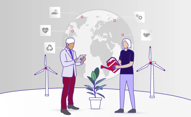 Illustration zwei Personen gießen eine Pflanze