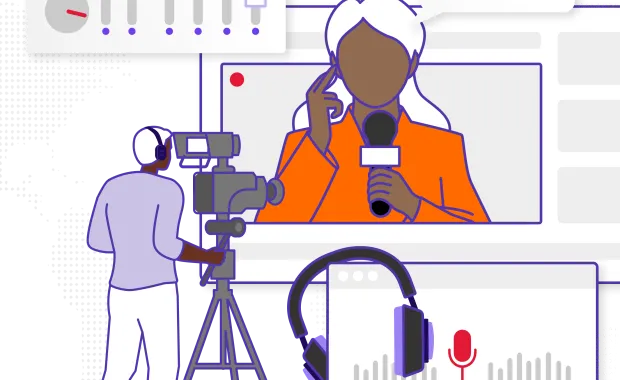 Illustration représentant une salle de rédaction télévisée avec une journaliste et un caméraman