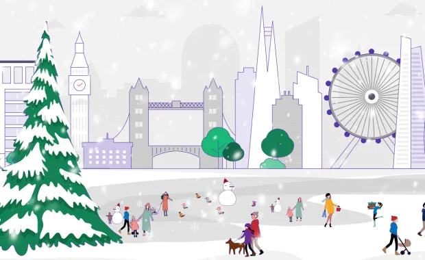 Festive city scene illustration with city scape in background and people enjoying time in the snow in the foreground
